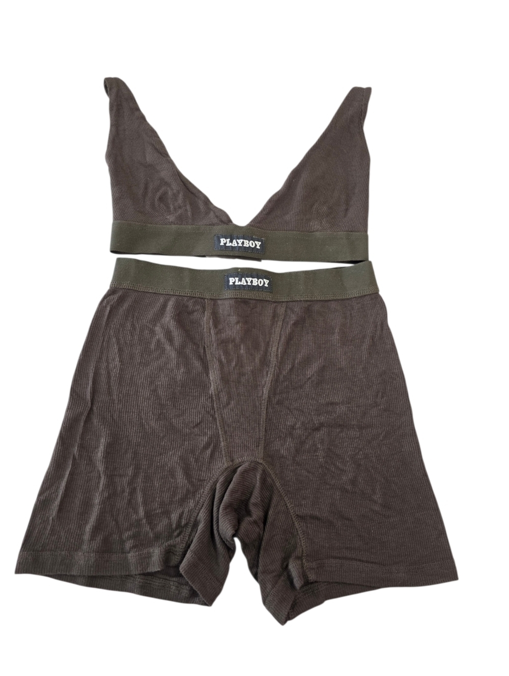 Playboy Olive Ribbed Bralette & High-Waist Shorts Set